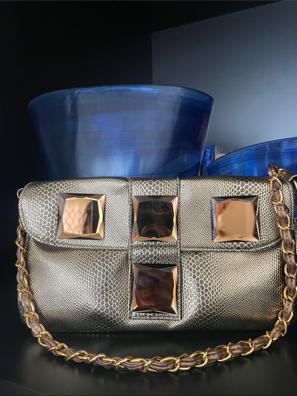 Metallic Gold Chain-Handle Shoulder Bag with Stud Accents